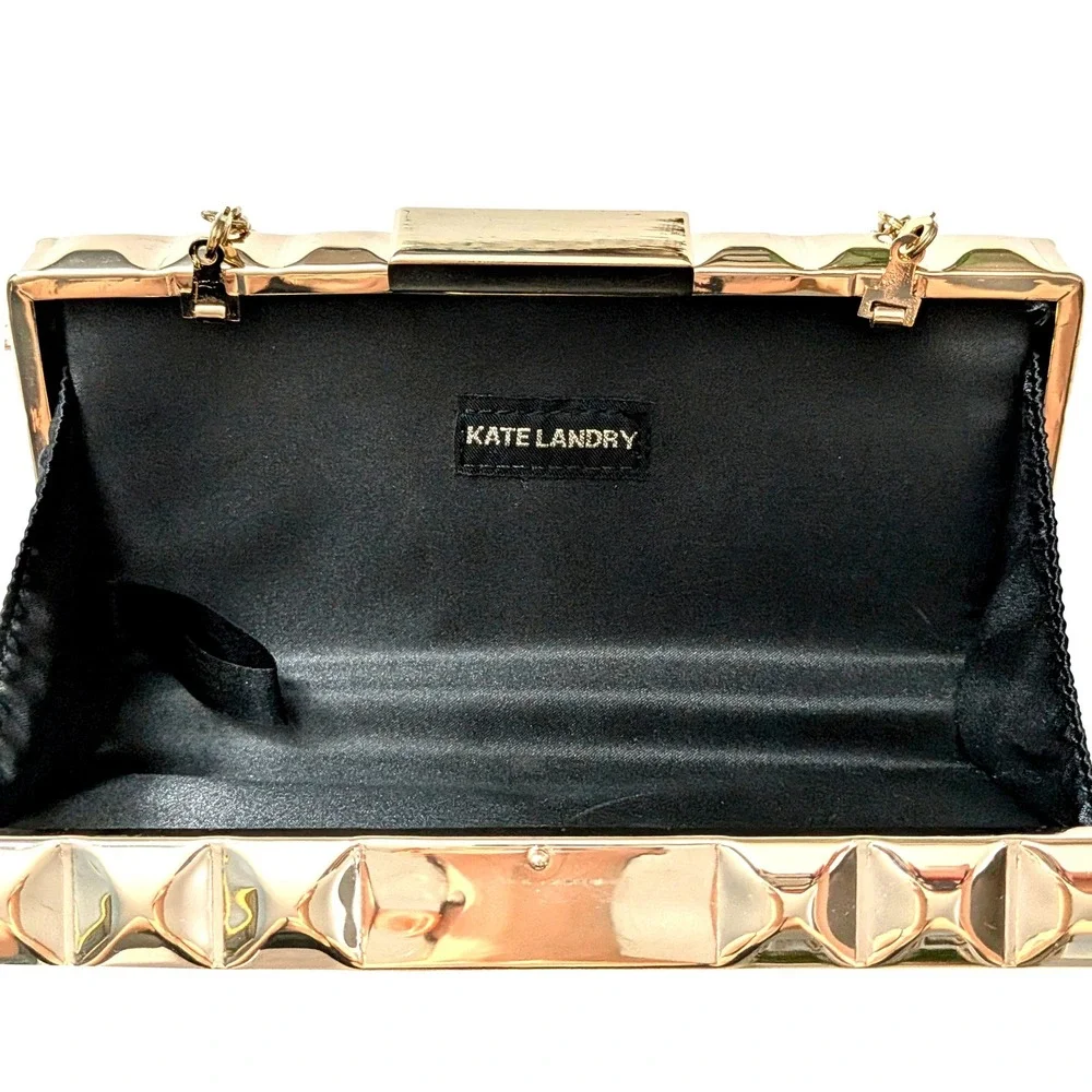 Kate Landry Gold Studded Box Clutch Black Convertible‎ Crossbody Removable Chain